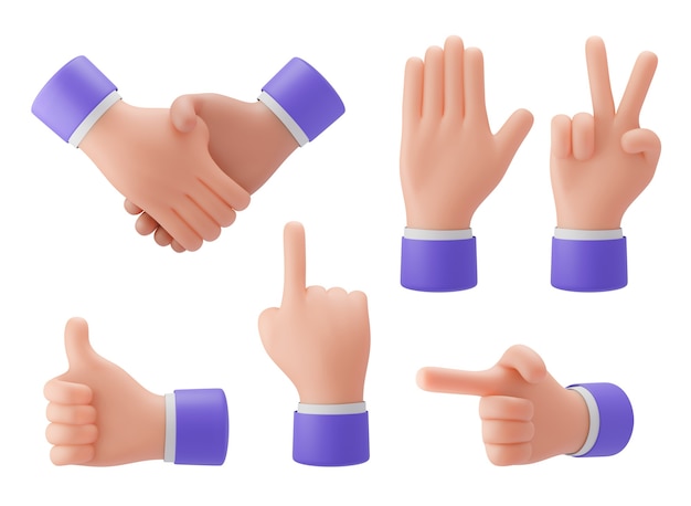 Foto gestos con las manos en 3d, levantar la mano, señalar con el dedo, estilo de dibujos animados, trazado de recorte para presentaciones, anuncios. representación de ilustración 3d.