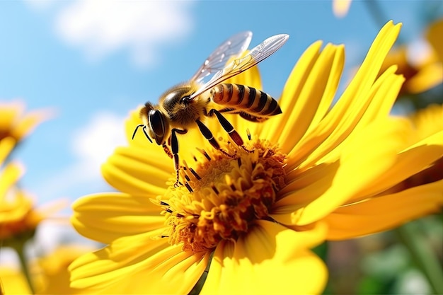 Gestreifte Biene sammelt Honig auf gelber Blüte