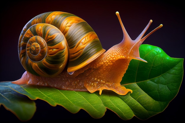 Gestreifte Schnecke auf einem Pflanzenblatt Generative KI