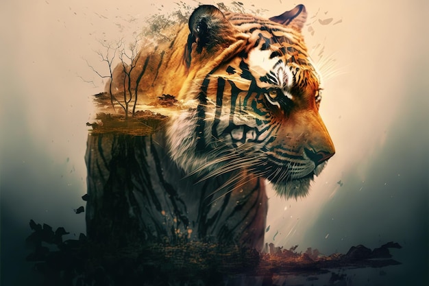 Gestreifter bengalischer Tiger in Doppelbelichtung verschmelzen seinen Kopf