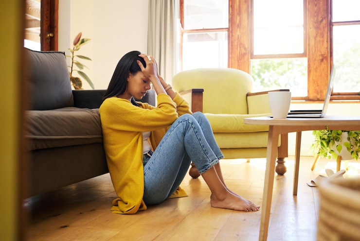 Foto gestresste frau, depressionen und einsam im wohnzimmer, die zu hause auf dem boden sitzen junge traurige frau, die unter psychischen problemen und angstzuständen oder kopfschmerzen in wohnung oder haus leidet