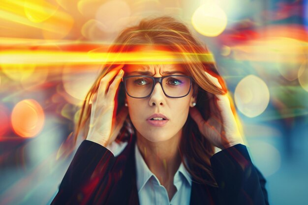 Foto gestresste frau mit brille auf farbenfrohem hintergrund