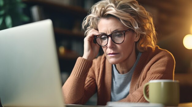 Gestresste Geschäftsfrau mittleren Alters an ihrem Schreibtisch