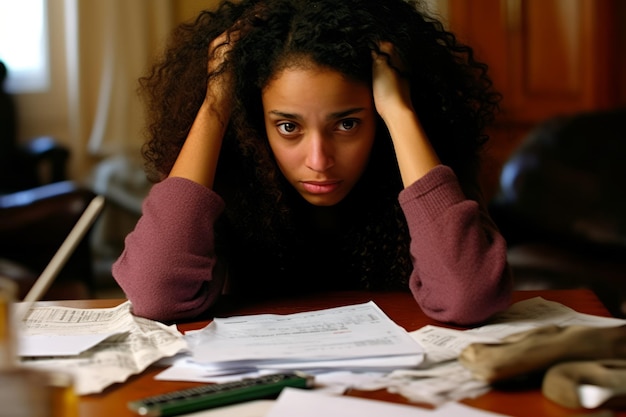 Gestresste junge Frau überprüft ihre Rechnungen, die die finanzielle Belastung während einer Rezession widerspiegeln
