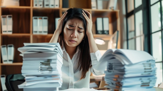 gestresste verrückte Migräne junge selbstbewusste asiatische Geschäftsfrau Büroangestellte Menschen arbeiten mit Stapeln von Papieren unvollendete Dokumente der Buchhaltung