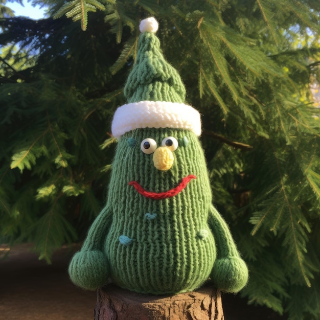 Gestricktes Baum-Charakter-Design für Weihnachten, fröhliches und verspieltes Gesicht auf Plüschwolle mit einzigartigem Strick