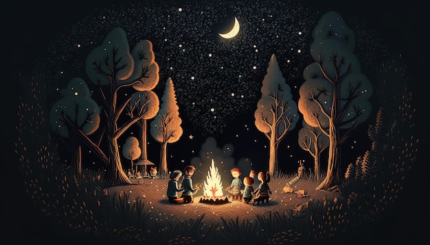 Gestricktes Lagerfeuer in einem dunklen Wald, Kinder um das Feuer herum.