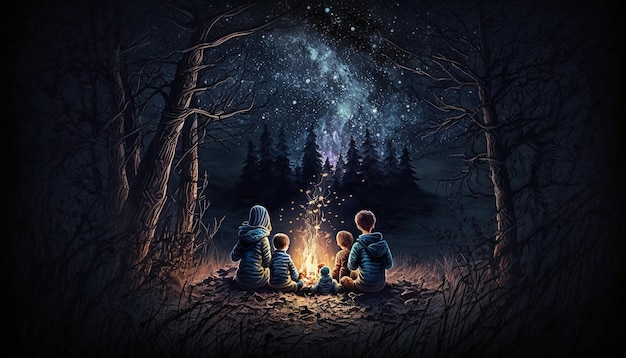 Gestricktes Lagerfeuer in einem dunklen Wald, Kinder um das Feuer herum.