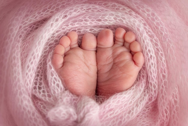 Gestricktes rosa Herz in den Beinen eines Babys Weiche Füße eines Neugeborenen in einer rosa Wolldecke Nahaufnahme der Zehen, Fersen und Füße eines Neugeborenen Makrofotografie der kleine Fuß eines neugeborenen Babys