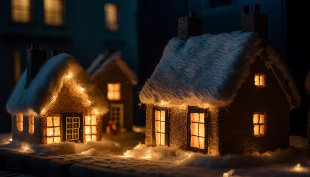 Gestricktes warmes Haus aus Wolle mit Abendlichtern in den Fenstern im Winterhaus-Isolierungskonzept generierte KI