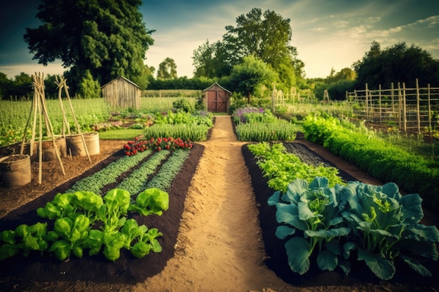 Gesund wachsender Gemüsegarten auf dem Feld mit Gemüsegärten, die mit generativer KI erstellt wurden