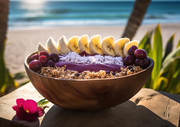 Gesunde Acai-Schüssel mit Strandboden