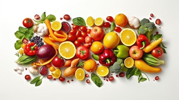Gesunde Ernährung, frisches Obst und Gemüse auf weißem Hintergrund, Fruktorianismus, Rohkost und Vegetarismus