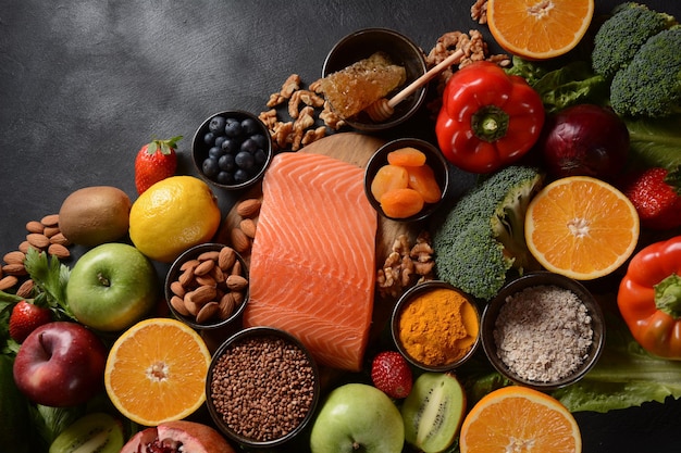 Gesunde Ernährung Hintergrund Obst Gemüse Lachs Honig Samen Superfood Getreide