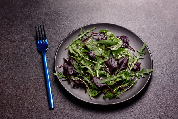 Gesunde Ernährung, Salatmischung mit Rucola, Spinat, Bullenblut, Rübenblättern und Mikrogrün.