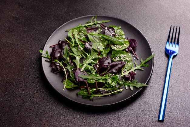Gesunde Ernährung, Salatmischung mit Rucola, Spinat, Bullenblut, Rübenblättern und Mikrogrün.