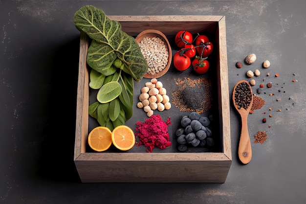 Gesunde Ernährung, saubere Ernährung, Auswahl an pflanzlichen Lebensmitteln in Holzkiste
