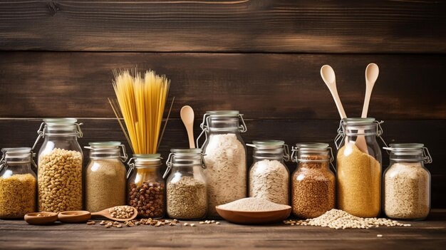 Gesunde Ernährung und Ernährung Konzept Gläser mit Hafer Maisflocken und Muesli