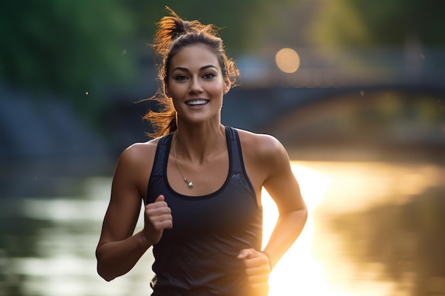 Gesunde Frau joggt tagsüber am Flussufer