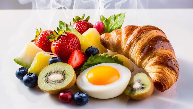 Gesunde frische Früchte mit Ei und Croissant auf weißem Hintergrund