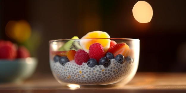 Gesunde Frühstücksschüssel mit Chia-Samen-Pudding und frischen Früchten