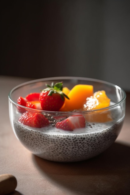 Gesunde Frühstücksschüssel mit Chia-Samen-Pudding und frischen Früchten