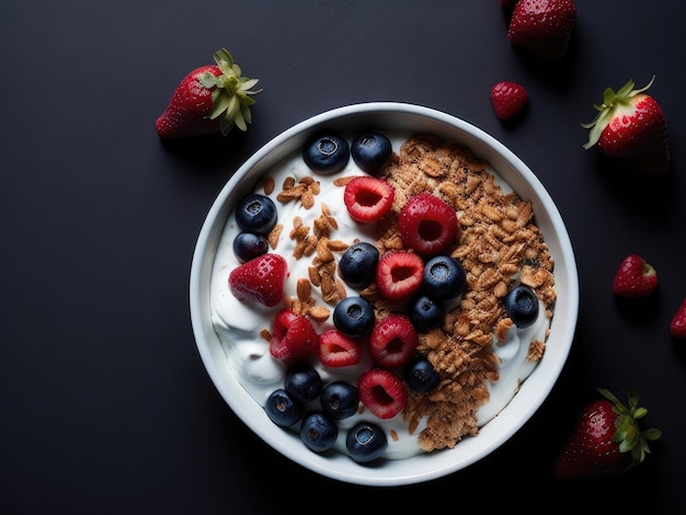 Gesunde Frühstücksschüssel über dem Kopf, gefüllt mit Beeren auf schwarzem Hintergrund, ai generativ