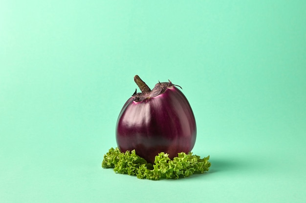 Gesunde grüne Bio-Rohgemüse-Aubergine mit Salatblatt auf grünem Pastellhintergrund mit Kopierraum. Vegetarische natürliche organische Zutaten für Suppe.