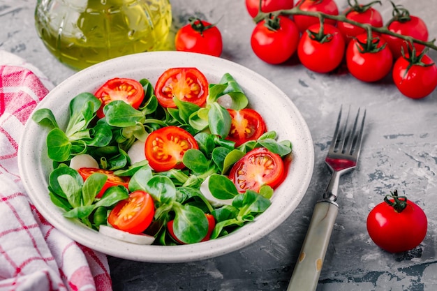 Gesunde grüne Salatschüssel mit Tomaten und Mozzarella auf rustikalem Hintergrund