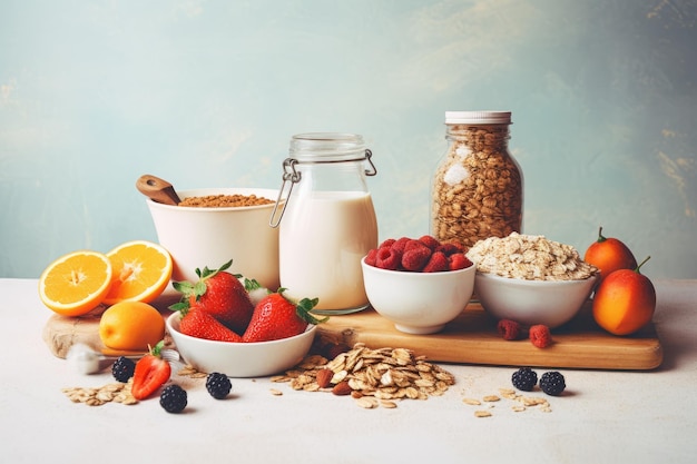 Gesunde Haferflocken mit Sommerbeeren, Blaubeeren, Himbeeren, Erdbeeren in einer Schüssel. Das Konzept sauberer, gesunder Lebensmittel ist generativ