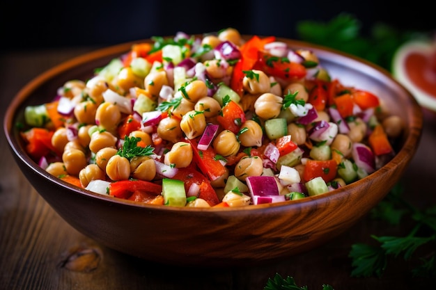 Gesunde, hausgemachte Kichererbsen- und Gemüsesalat-Diät, vegetarische, vegane Nahrung und Vitamine