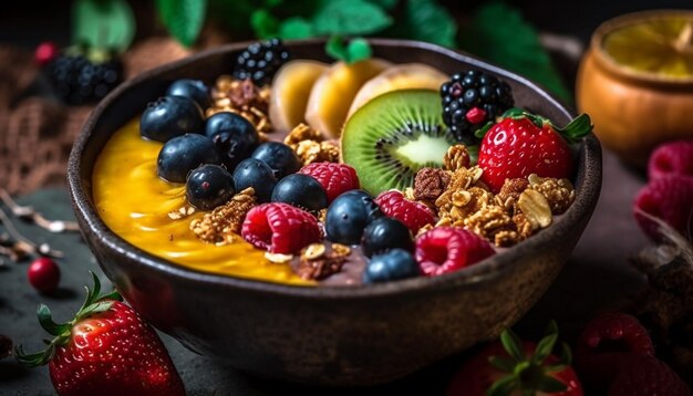 Gesunde Joghurtschüssel mit Beeren, Müsli und Honig-Nieselregen, erzeugt von KI