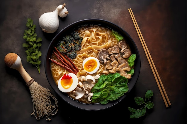 Gesunde, köstliche Pilze und Nudeln in japanischer Tonkotsu-Ramen-Schüssel