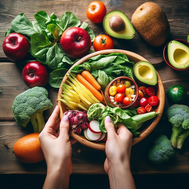 Gesunde Lebensmittel-Hintergrund Top-Aufnahme von einer Frau, die eine Schüssel mit frischem Gemüse und Obst in den Händen hält