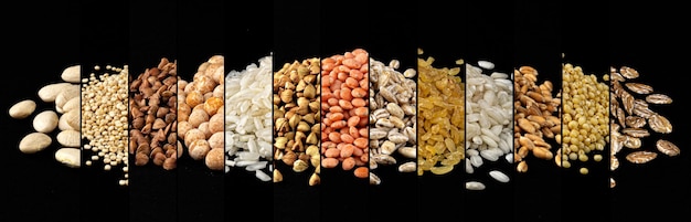 Gesunde Lebensmittelcollage verschiedene Getreidekörner Grütze Hülsenfrüchte und Bohnen