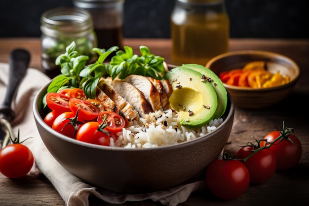 Gesunde Lunchschüssel mit Reis, Hühnchen, Avocado-Tomaten und Basilikum Generative AI