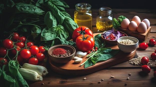 gesunde Mahlzeit auf rustikalem Holztisch mit frischem Bio