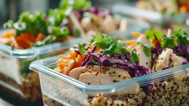 Foto gesunde mahlzeitvorbereitungsbehälter mit quinoa-hühnchen und kohlensalat generative ki