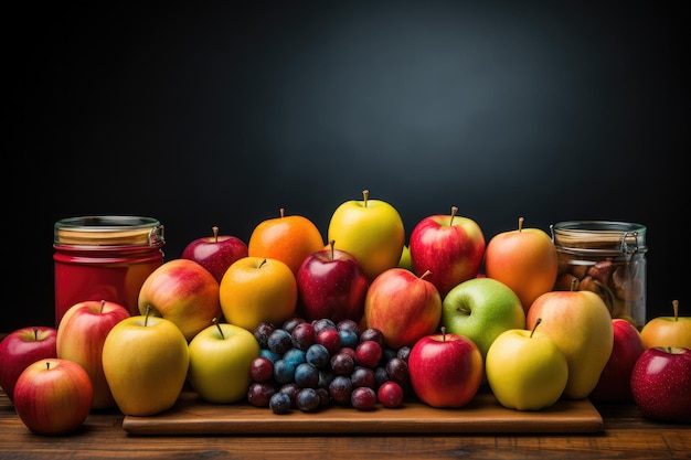 Gesunde natürliche Äpfel und andere Früchte auf einem blauen Apfel auf einem Holztisch