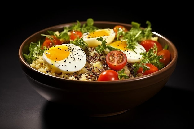 Foto gesunde quinoa-eier mit tomaten, avocado und frischem grün