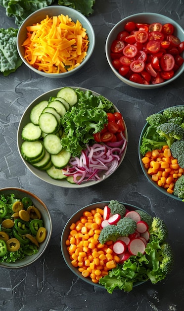 gesunde Salatschüsseln mit verschiedenen Zutaten