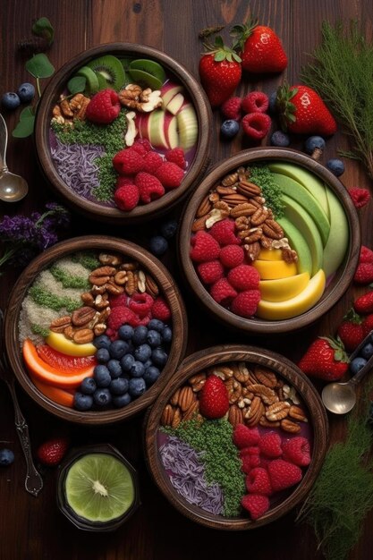 Gesunde Smoothie-Bowls mit Früchten und Nüssen, hergestellt mit generativer KI