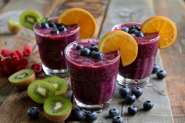 gesunde Smoothies mit frischen Beeren, Blaubeeren und Kiwi