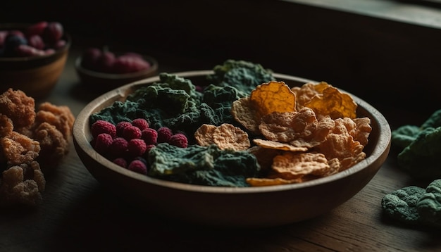 Gesunde Snackschale aus Bio-Müsli, Beeren, Mandeln, generiert durch KI