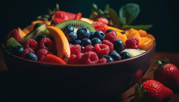 Gesunde Sommermahlzeit, mehrfarbiger Salat mit frischem Obst und Gemüse, generiert von KI