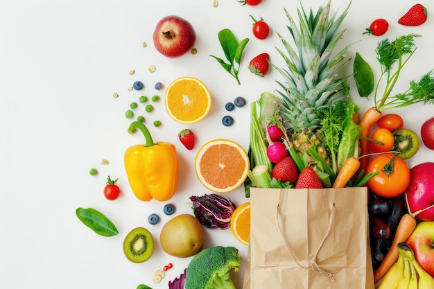 Gesunde vegane Lebensmittel in Papiertüten im Supermarktkonzept