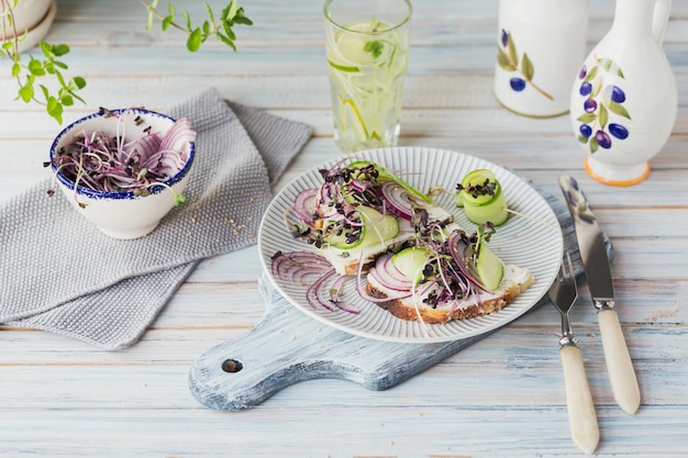 Gesunde vegetarische Bruschettas mit Brotmikrogemüse-Käsegurken und roten Zwiebeln auf hellem rustikalem Holztisch