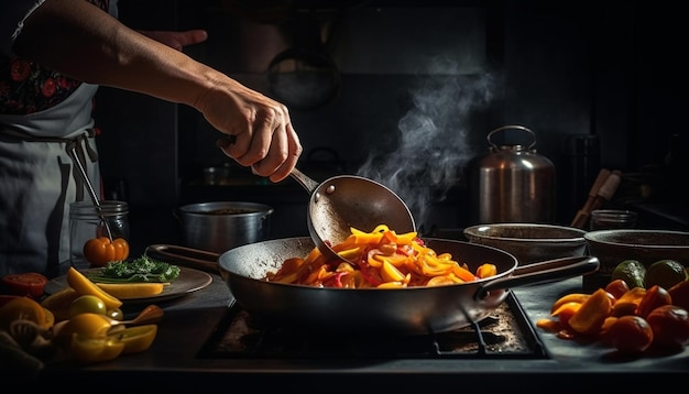 Gesunde vegetarische Essenszubereitung in rustikaler Küche, generiert durch KI
