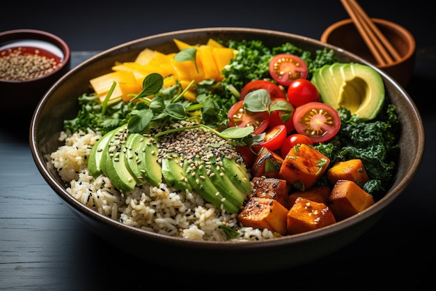 gesunde vegetarische Mahlzeit in einer blauen Schüssel mit Reis und Gemüse