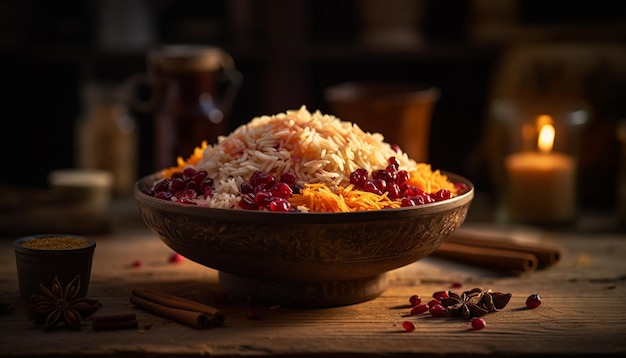 Gesunde vegetarische Mahlzeit mit Basmatireis und Chili-Pfeffer-Gewürz, generiert durch KI